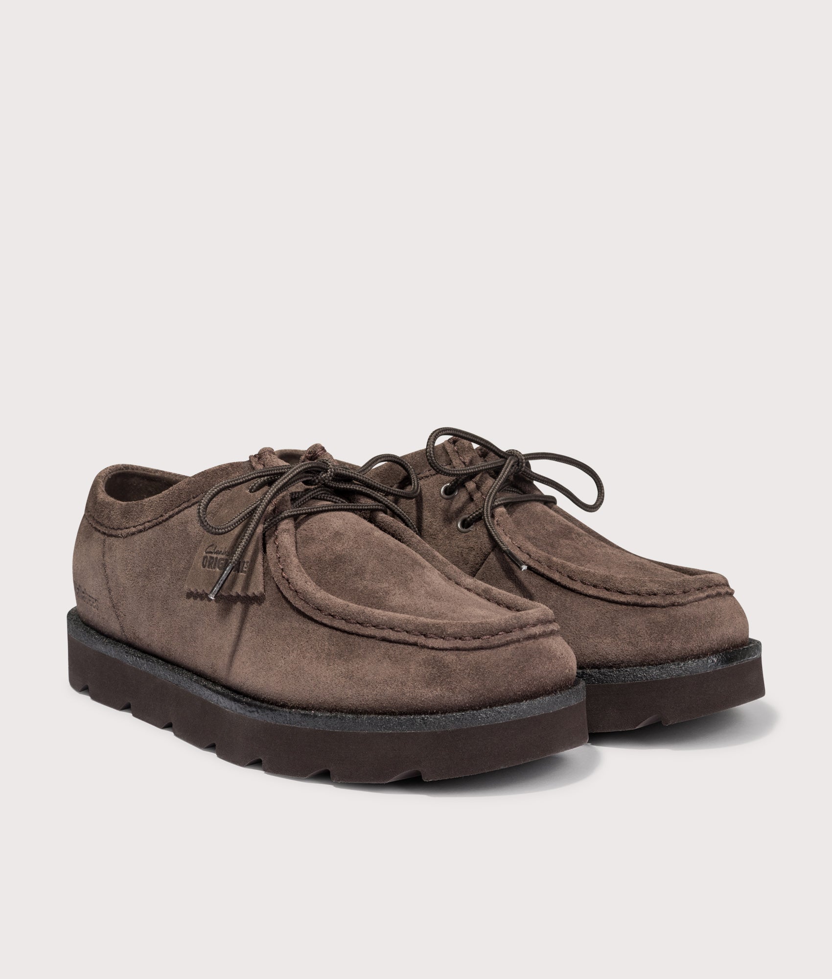 Meare Walla Shoes in Dark Brown Suede | Clarks Originals | EQVVS | Front angle shot 