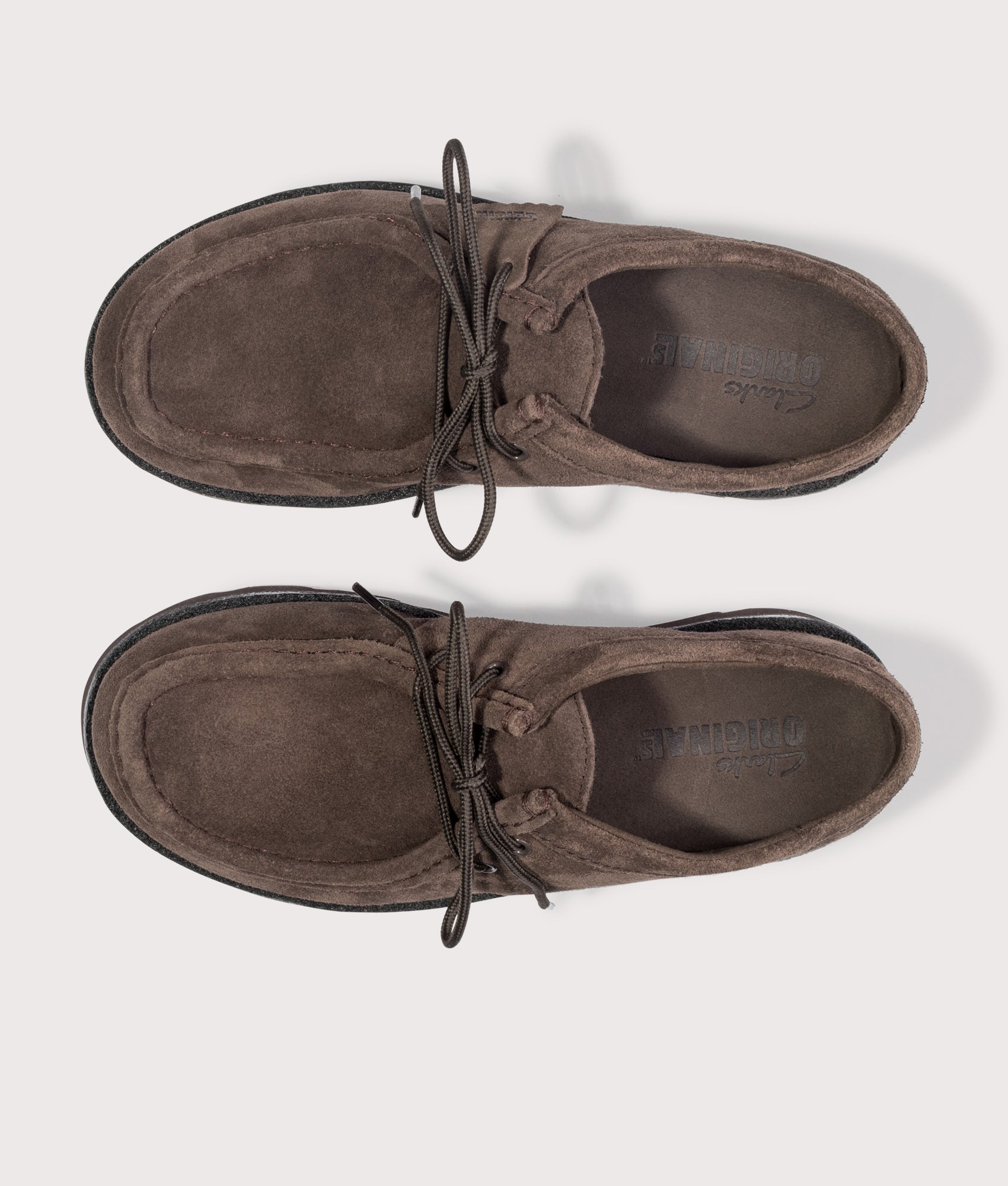 Meare Walla Shoes in Dark Brown Suede | Clarks Originals | EQVVS | Top shot 