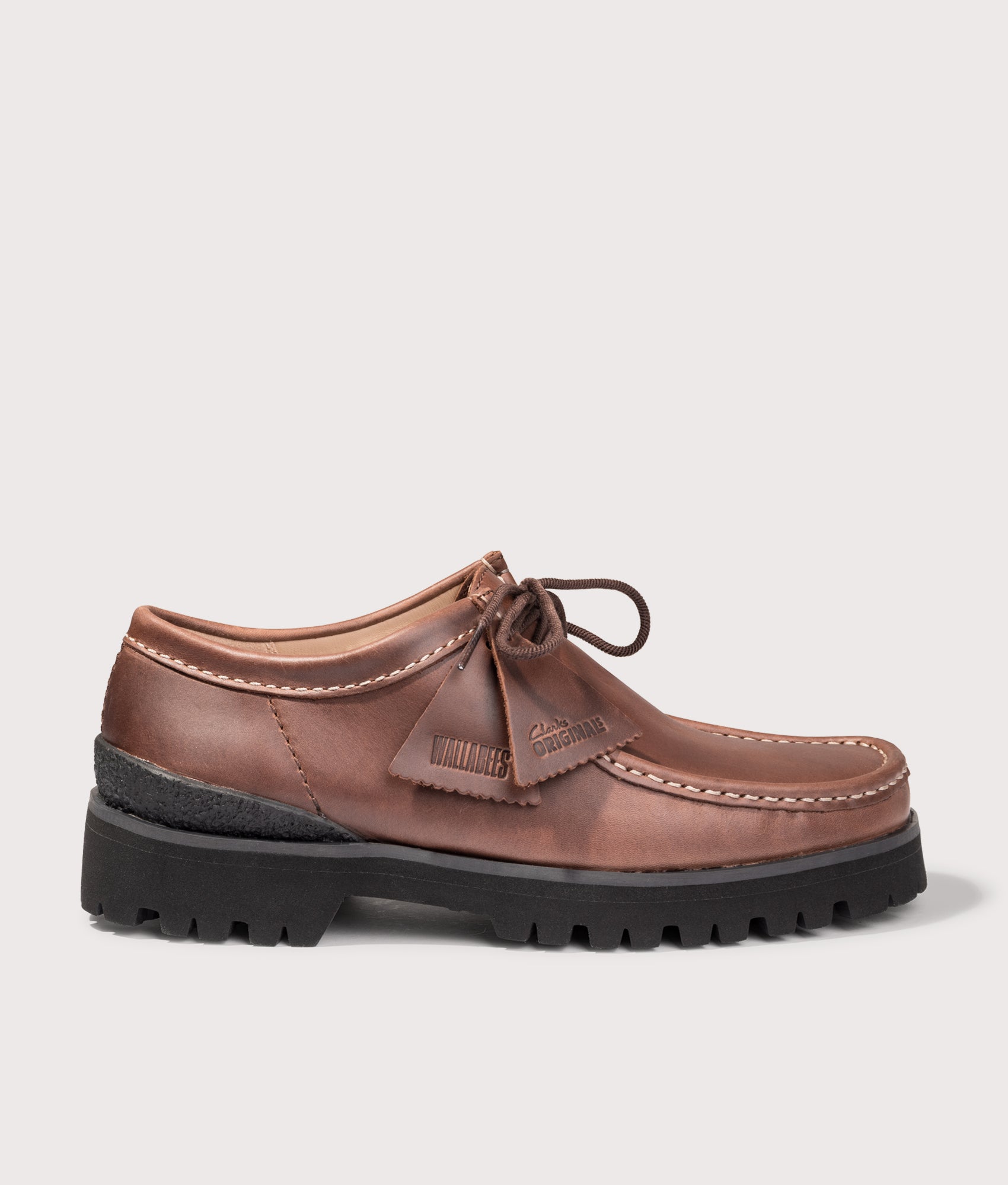Clarks Originals Walla Yukoner Shoes in Brown Leather at EQVVS Menswear. Side shot.