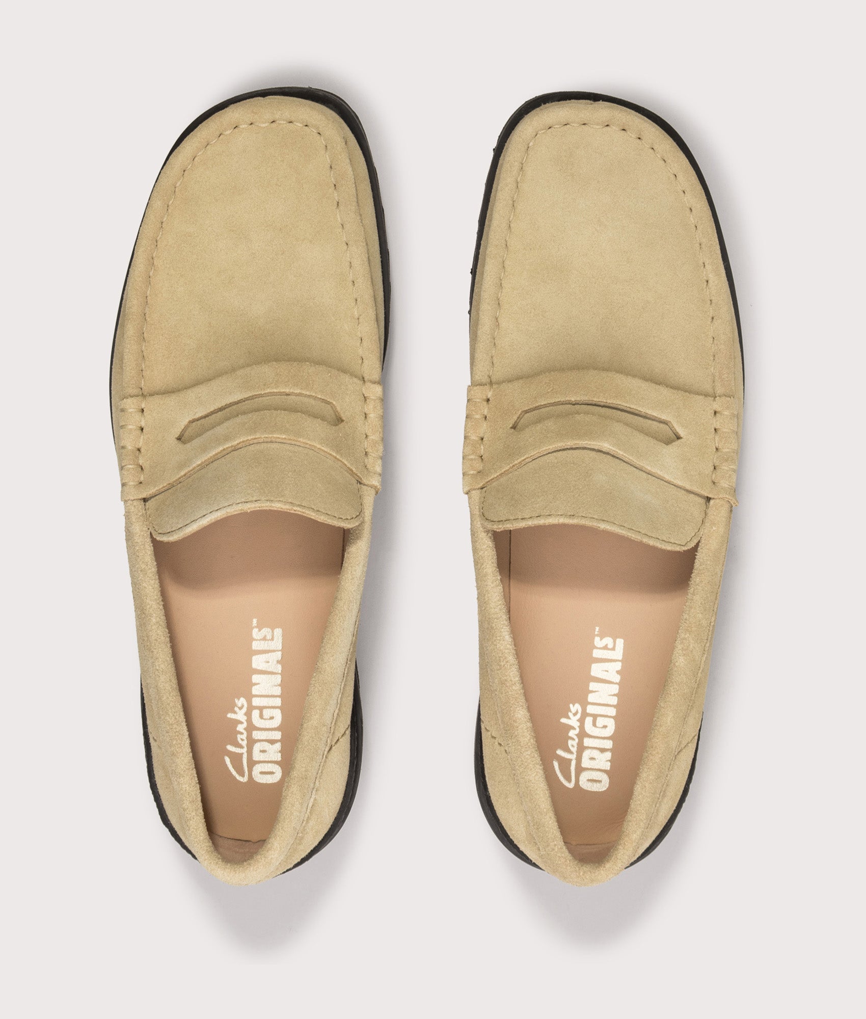 Clarks Originals Yukoner Penny Loafers in Maple Suede at EQVVS Menswear. Top shot.