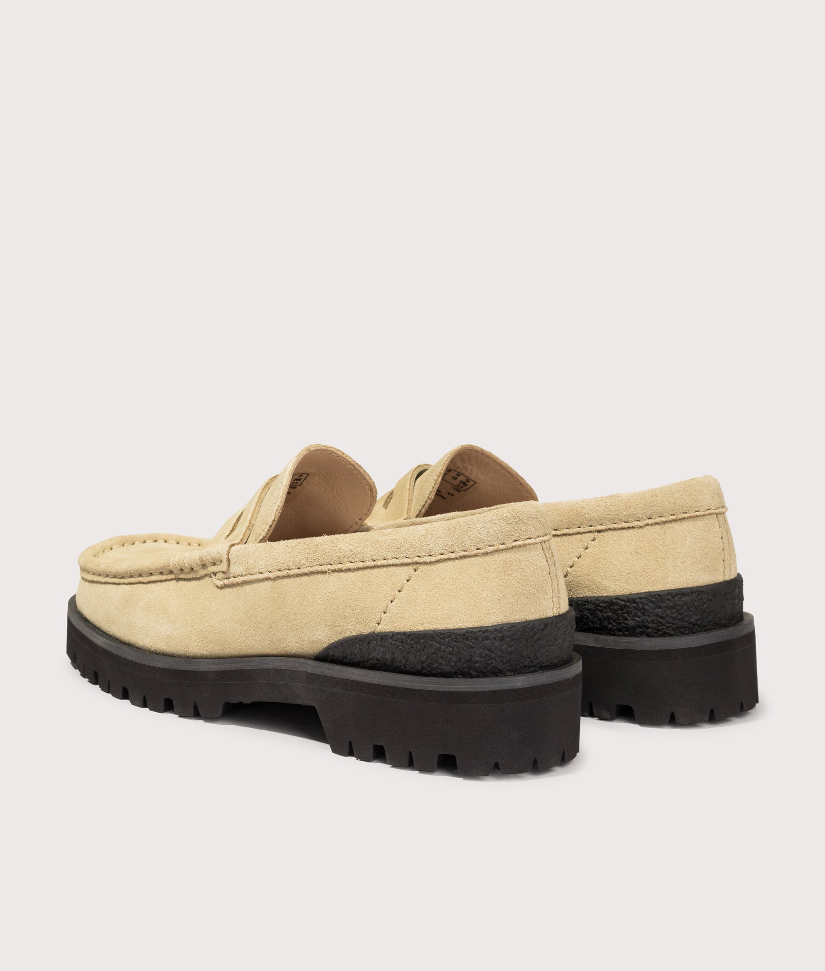Clarks Originals Yukoner Penny Loafers in Maple Suede at EQVVS Menswear. Angled back shot.
