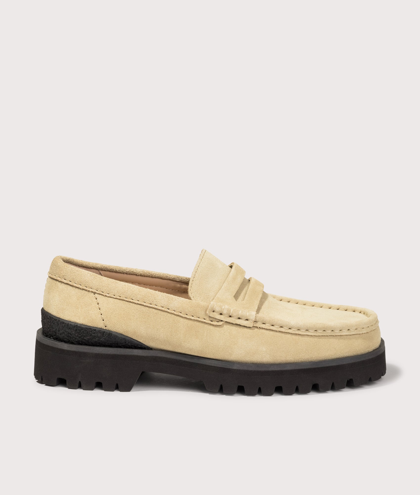 Clarks Originals Yukoner Penny Loafers in Maple Suede at EQVVS Menswear. Side shot.