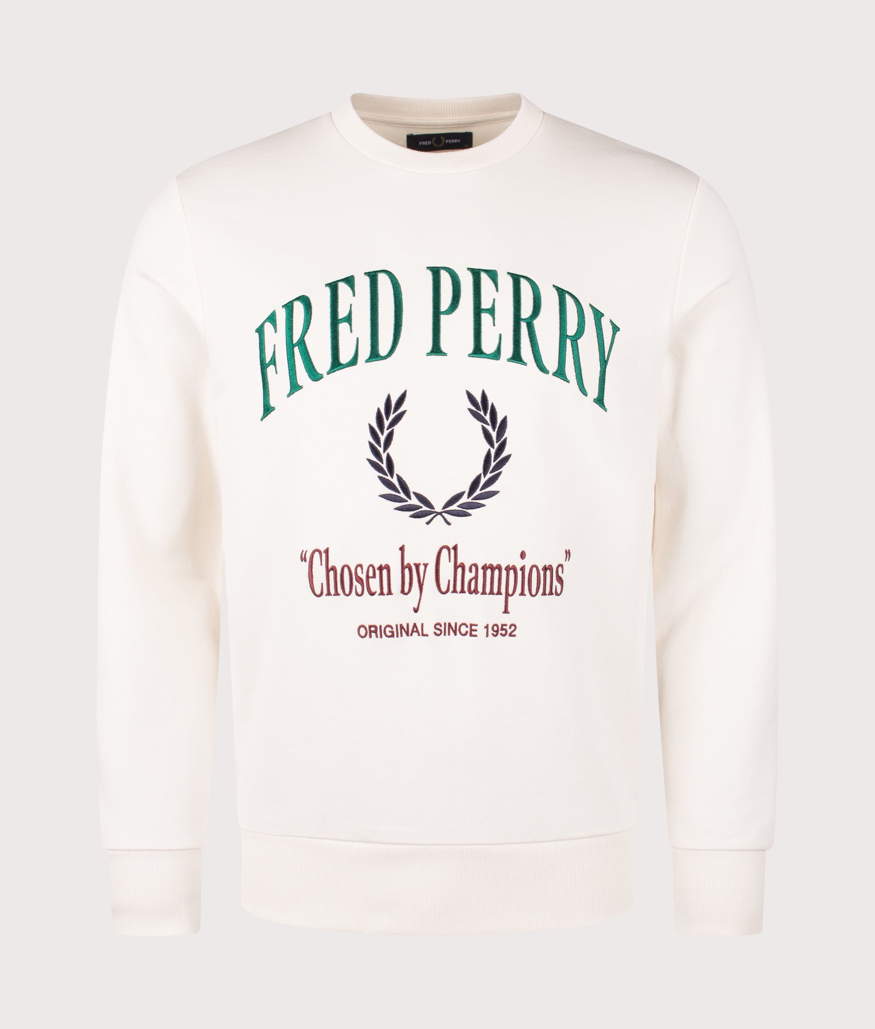 Fred Perry Embroidered Champion Sweatshirt in Ecru, 100% cotton at EQVVS. Front shot. 