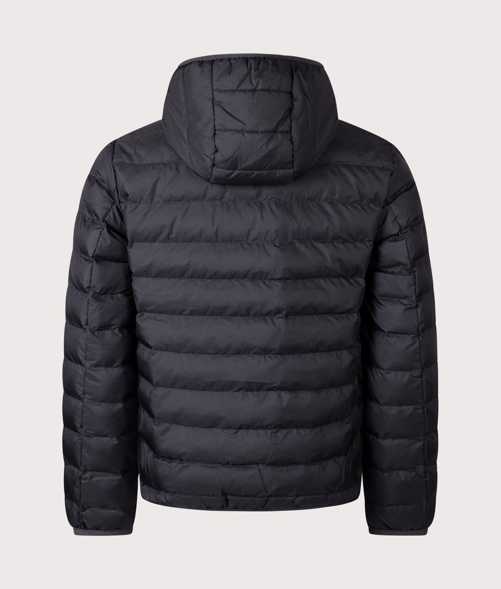 Fred Perry Hooded Insulated Jacket in Black at EQVVS Menswear. Back shot.