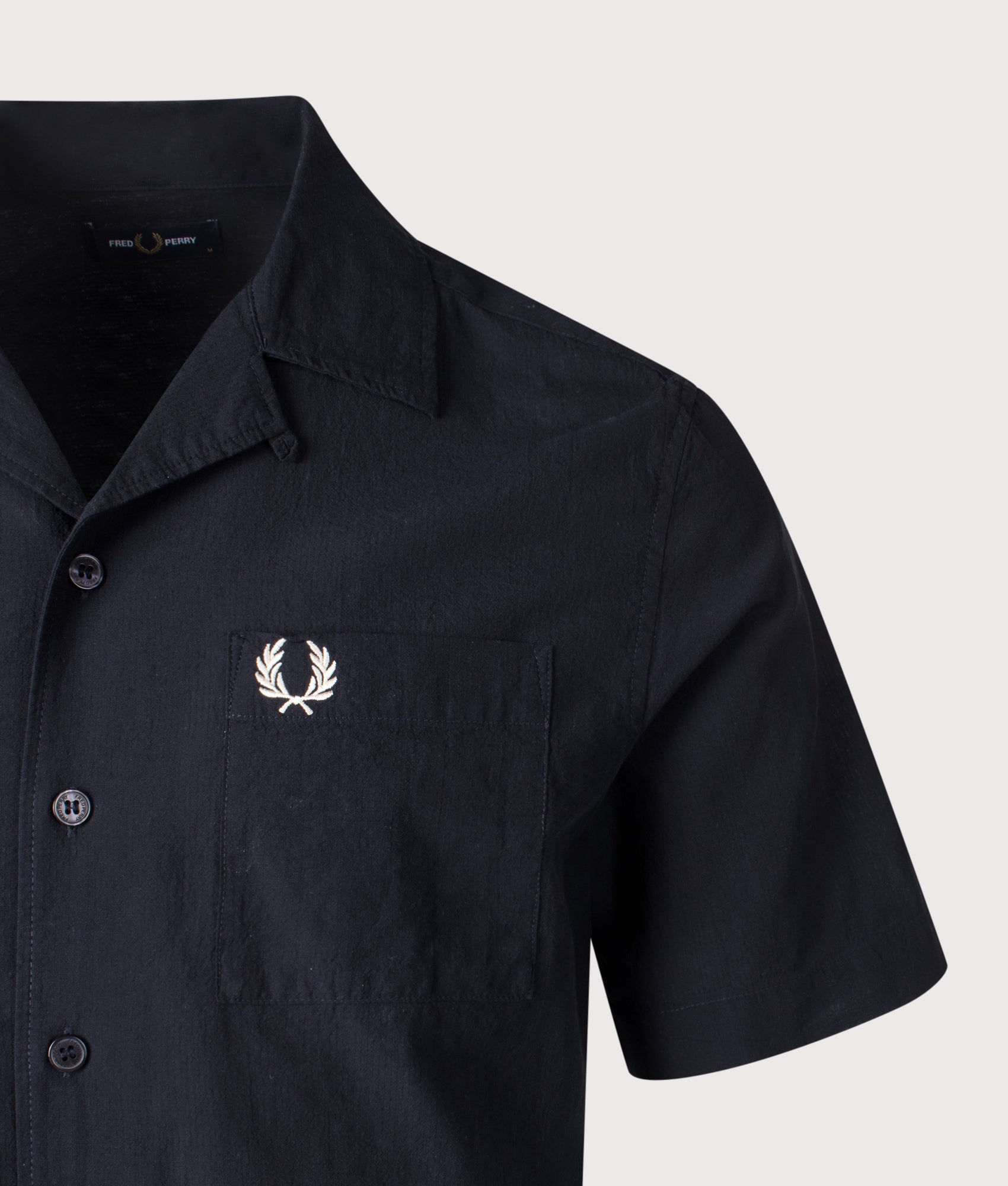 Lightweight Texture Short Sleeve Revere Collar Shirt. Shot by EQVVS. Detail shot.