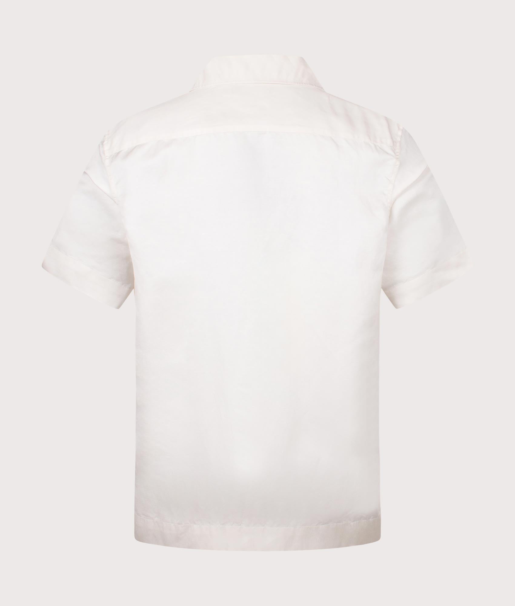 Panelled Short Sleeve Linen Blend Shirt. Shot by QVVS. Back shot.