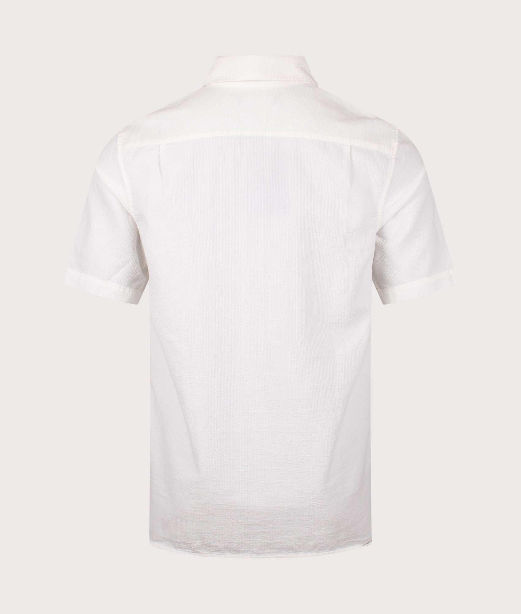 Textured Short Sleeve Seersucker Shirt. Shot by EQVVS. Back shot.