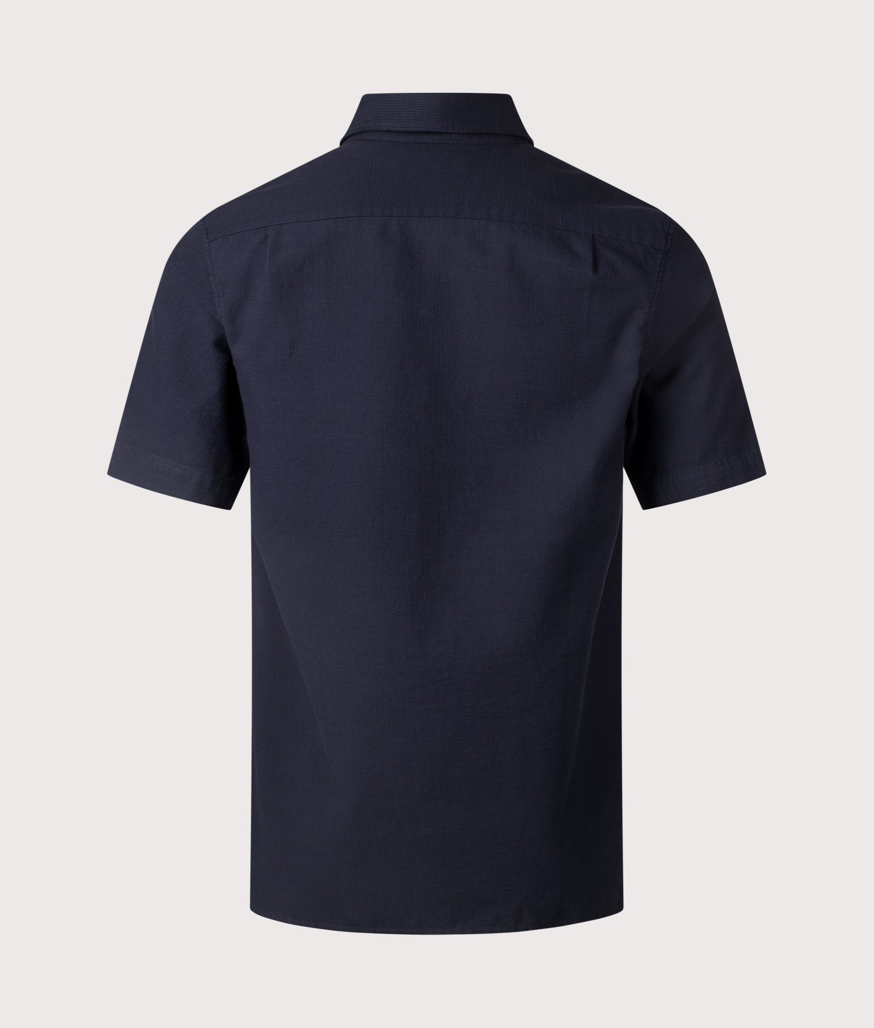 Textured Short Sleeve Seersucker Shirt. Shot by EQVVS. Back shot.