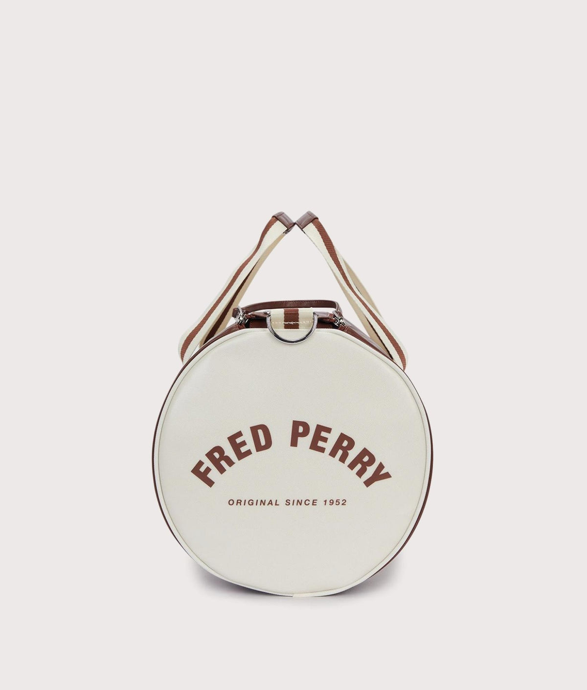 Fred Perry Classic Barrel Bag in Tan and Ecru at EQVVS Menswear. End shot.