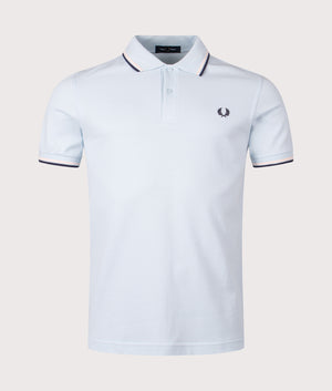 Twin Tipped Fred Perry Polo Shirt in Light Ice/Silky Peach/Tennis Blue | 100% Cotton | Shot at EQVVS | Front shot 