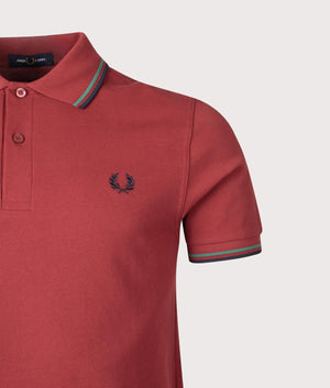Twin Tipped Fred Perry Polo Shirt in Burnt Red/Sport Green/Navy | 100% Cotton | Shot at EQVVS | Detail shot 
