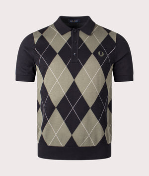Argyle Knitted Polo Shirt by Fred Perry in Black. Shot by EQVVS. Front shot.