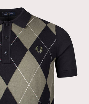 Argyle Knitted Polo Shirt by Fred Perry in Black. Shot by EQVVS. Detail shot.