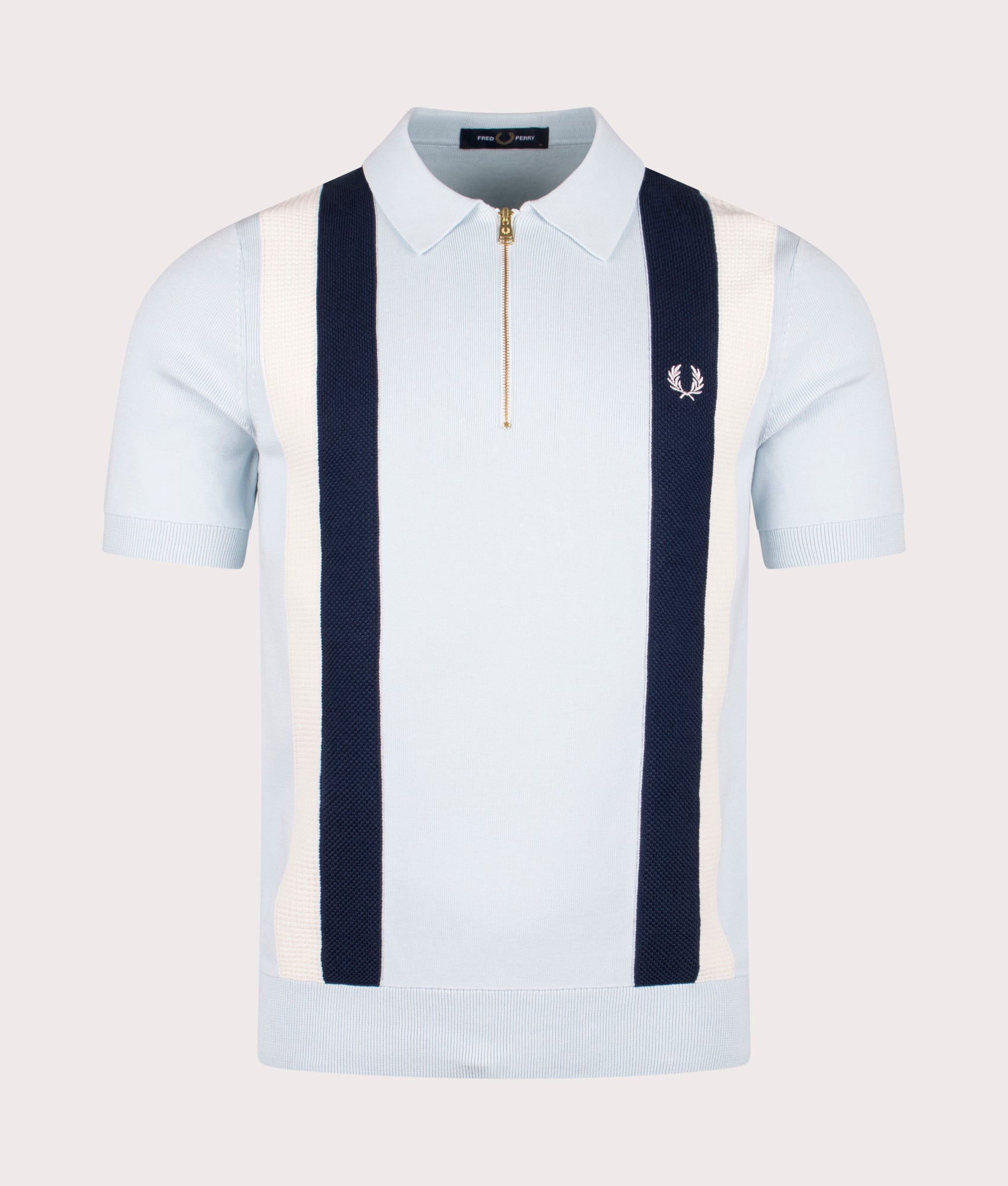 Textured Zip Neck Knitted Polo Shirt by Fred Perry in Light Ice. Shot by EQVVS. Front shot.