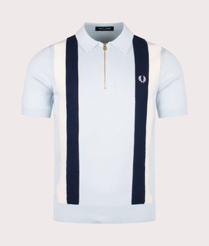 Textured Zip Neck Knitted Polo Shirt by Fred Perry in Light Ice. Shot by EQVVS. Front shot.