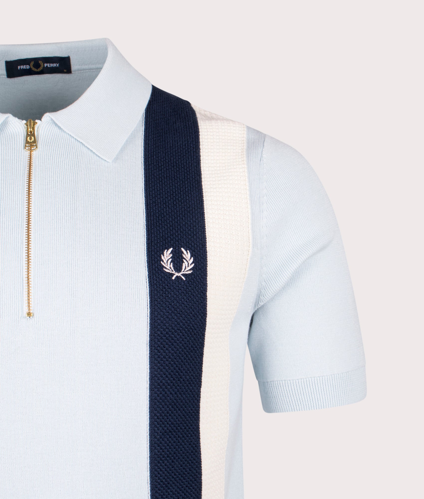 Textured Zip Neck Knitted Polo Shirt by Fred Perry in Light Ice. Shot by EQVVS. Detail shot.