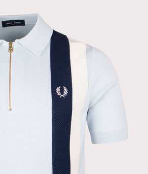 Textured Zip Neck Knitted Polo Shirt by Fred Perry in Light Ice. Shot by EQVVS. Detail shot.