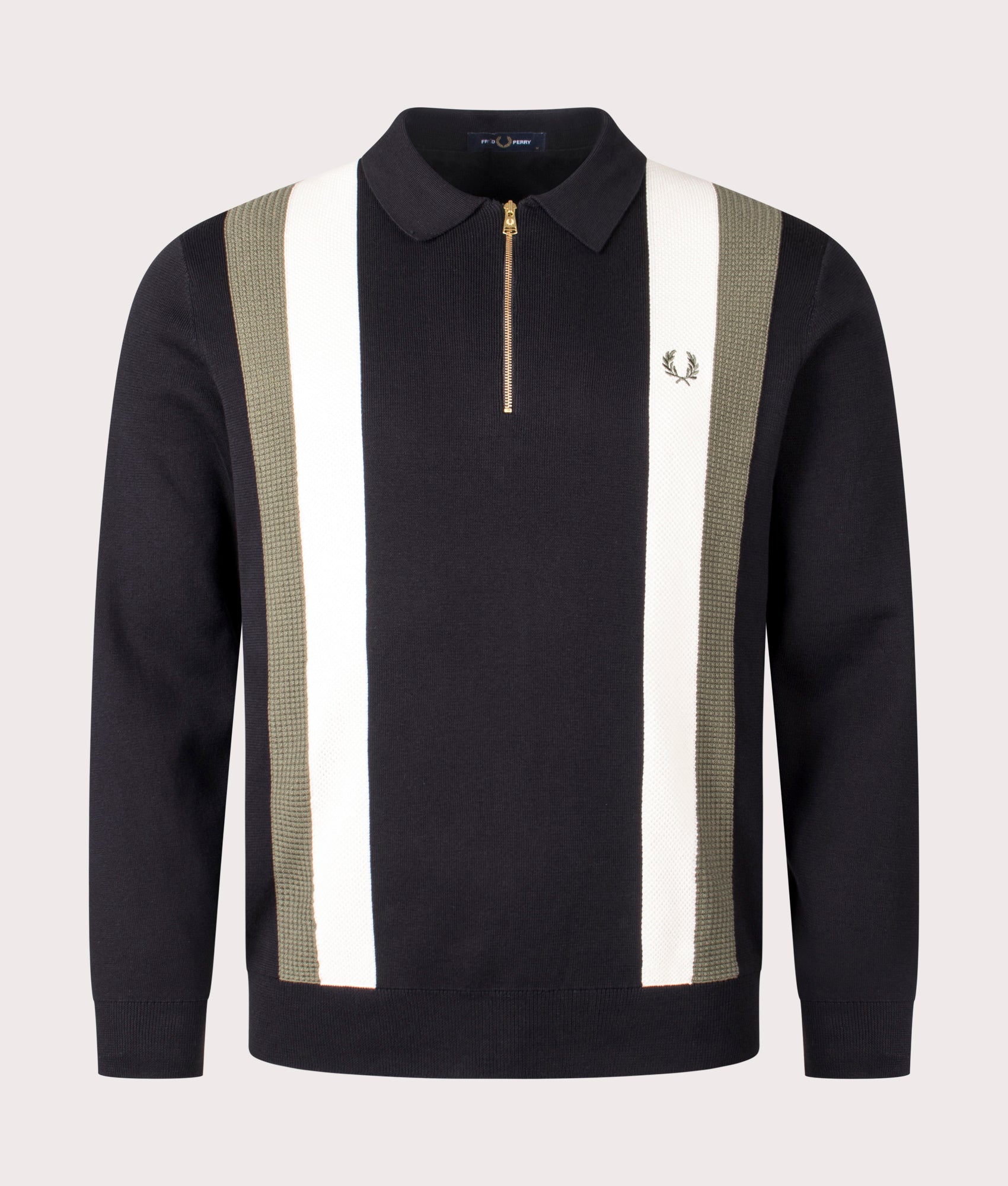 Textured Zip Neck Knitted Long Sleeve Polo Shirt by Fred Perry in Black. Shot by EQVVS. Front shot.