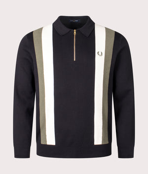 Textured Zip Neck Knitted Long Sleeve Polo Shirt by Fred Perry in Black. Shot by EQVVS. Front shot.