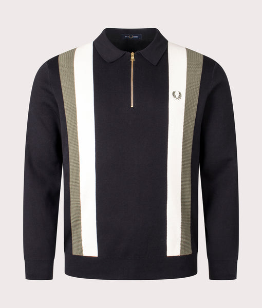 Textured Zip Neck Knitted LS Polo Shirt in Black | Fred