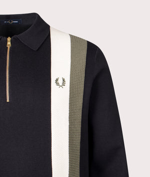 Textured Zip Neck Knitted Long Sleeve Polo Shirt by Fred Perry in Black. Shot by EQVVS. Detail shot.