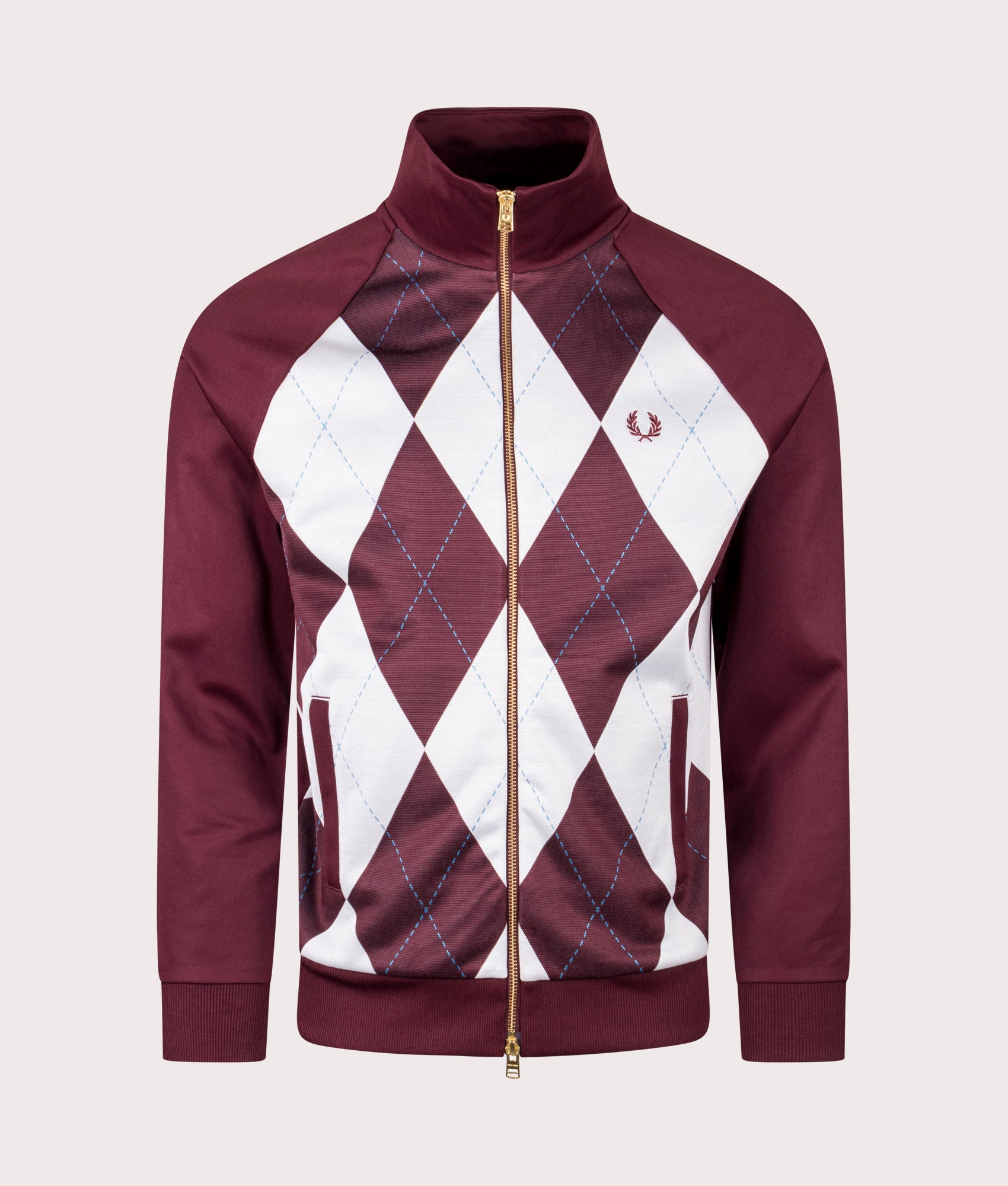 Argyle Track Jacket by Fred Perry in Oxblood. Shot by EQVVS. Front shot.