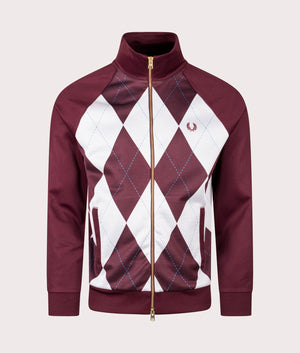 Argyle Track Jacket by Fred Perry in Oxblood. Shot by EQVVS. Front shot.