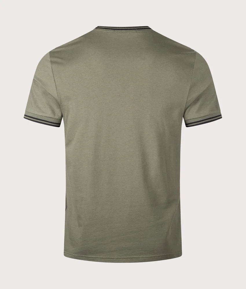 Fred Perry Twin Tipped T-Shirt in Laurel Wreath Green and Black at EQVVS Menswear. Back shot.