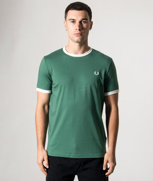 Fred Perry Ringer T-Shirt in Sports Green/Snow White  at EQVVS Menswear. Model Front shot.