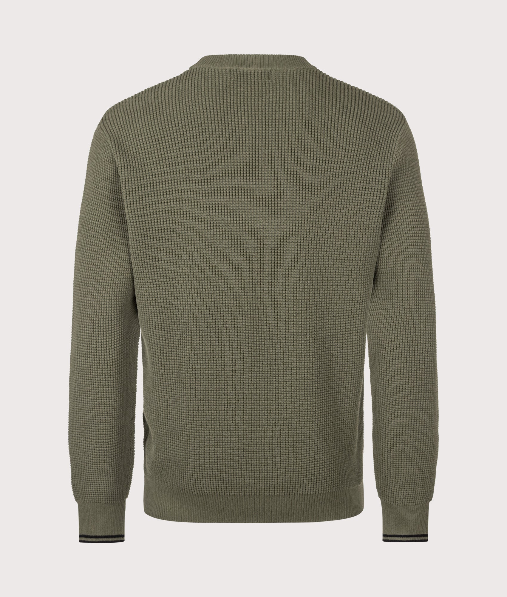 Fred Perry release the Regular Fit Waffle Stitch Jumper in Laurel Wreath Green at EQVVS Menswear. Back shot.