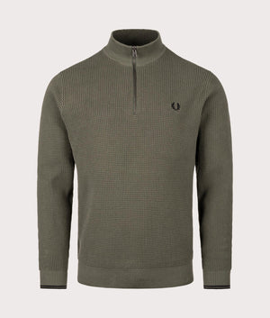 Waffle Stitch Quarter Zip Jumper by Fred Perry in Laurel Wreath Green. Shot by EQVVS. Front shot.