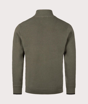 Waffle Stitch Quarter Zip Jumper by Fred Perry in Laurel Wreath Green. Shot by EQVVS. Back shot.