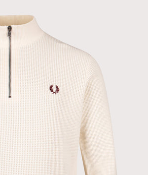 Waffle Stitch Quarter Zip Jumper in Ecru | 100% Cotton | Shot at EQVVS | Front detail shot 