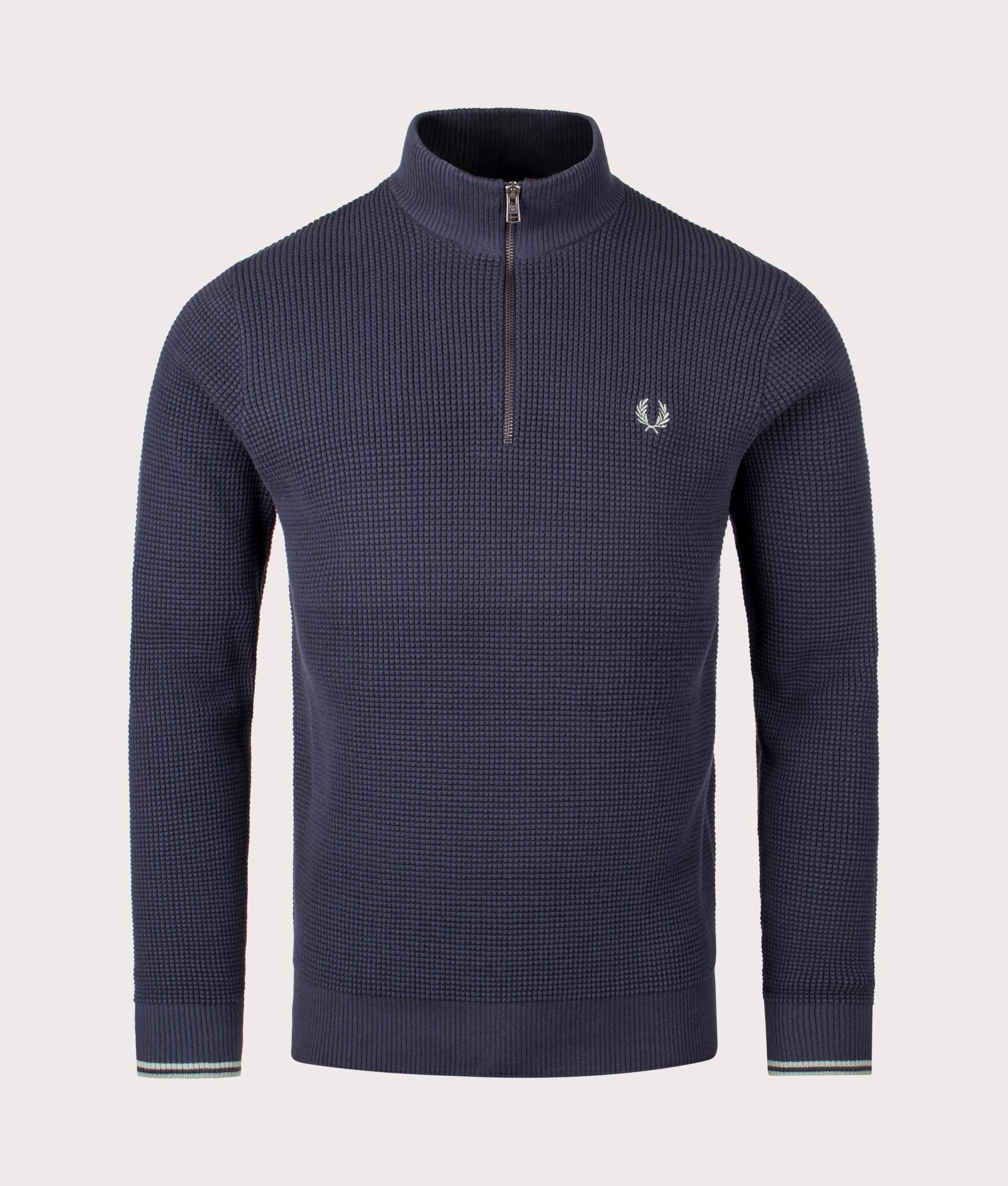 Waffle Stitch Quarter Zip Jumper by Fred Perry in Dark Airforce. Shot by EQVVS. Front shot.
