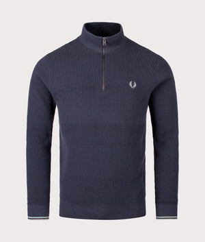 Waffle Stitch Quarter Zip Jumper by Fred Perry in Dark Airforce. Shot by EQVVS. Front shot.