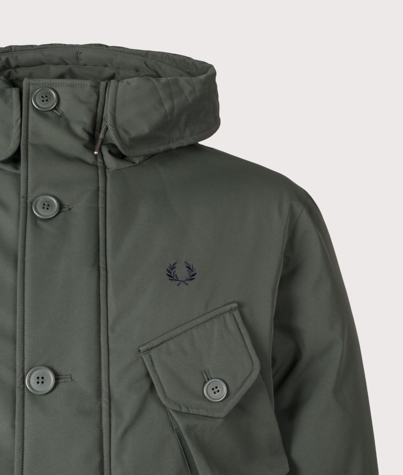 Puffer Jacket in Black | Fred Perry | EQVVS | Front detail shot 