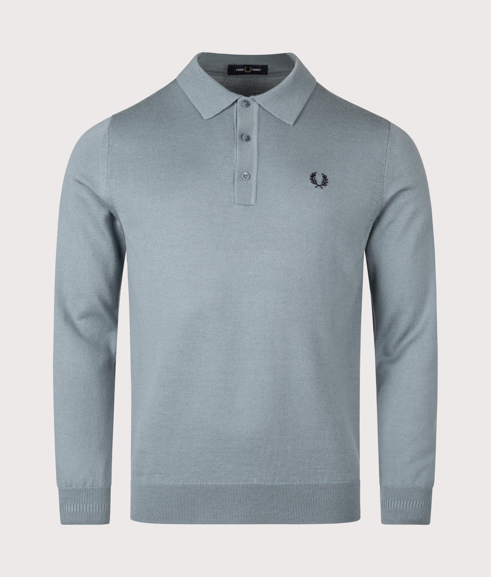 Long Sleeve Knitted Polo Shirt in Stockport Blue | Wool and cotton blend | Fred Perry | EQVVS | Front shot 
