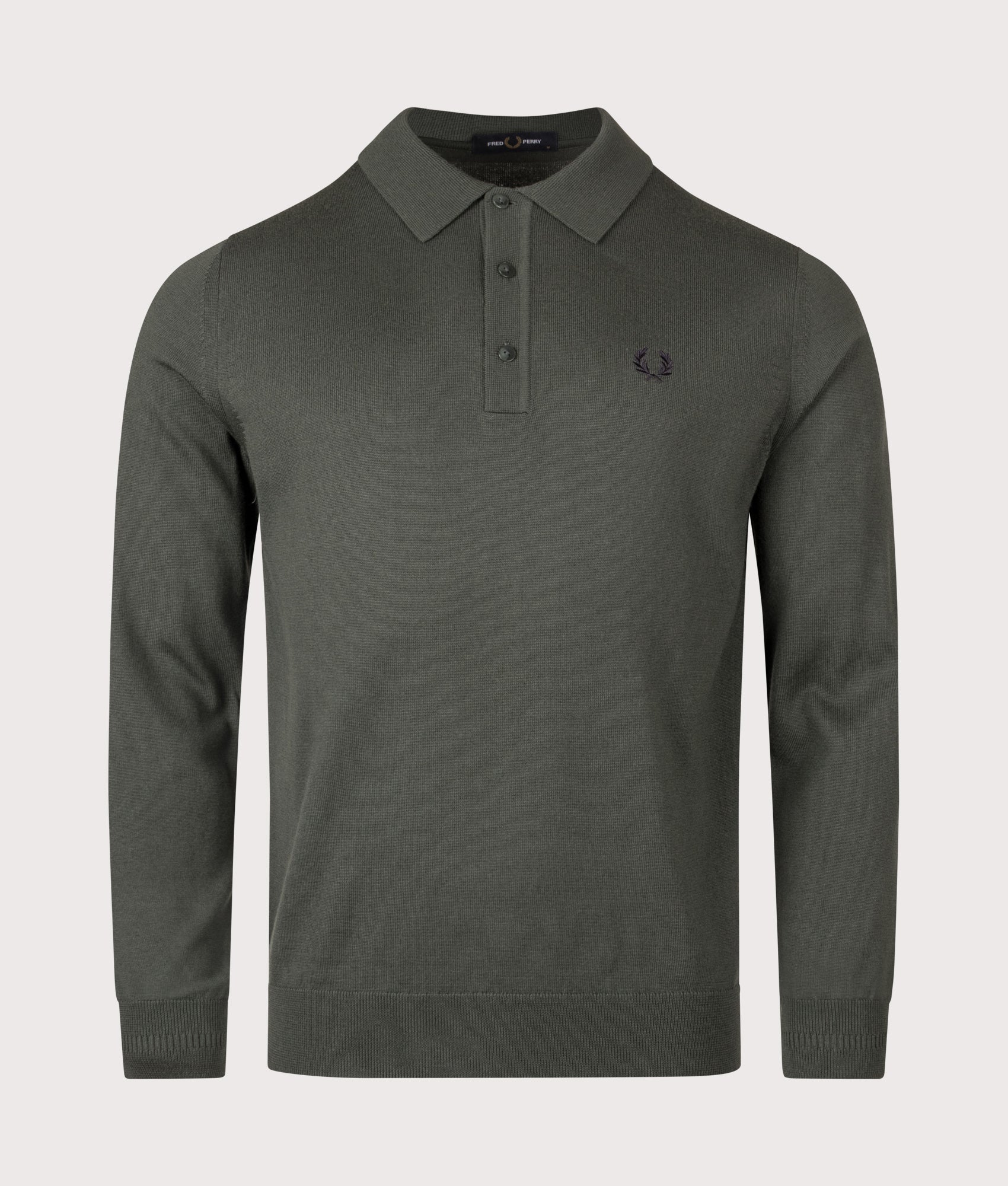 Long Sleeve Knitted Polo Shirt in Court Green | Wool and cotton blend | Fred Perry | EQVVS | Front shot 