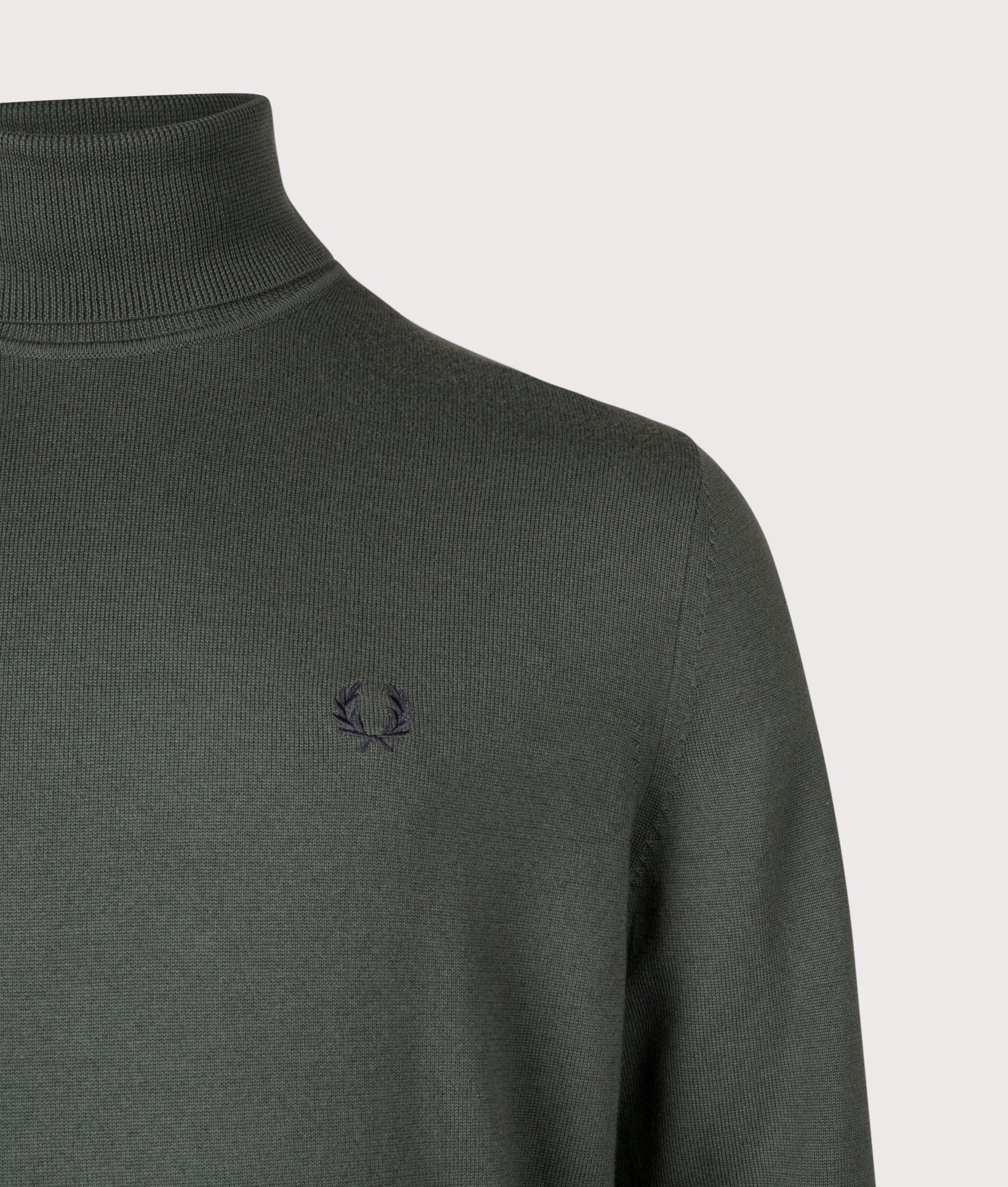 Roll Neck Jumper in Court Green | Wool and cotton blend | Fred Perry | EQVVS | Front detail shot 