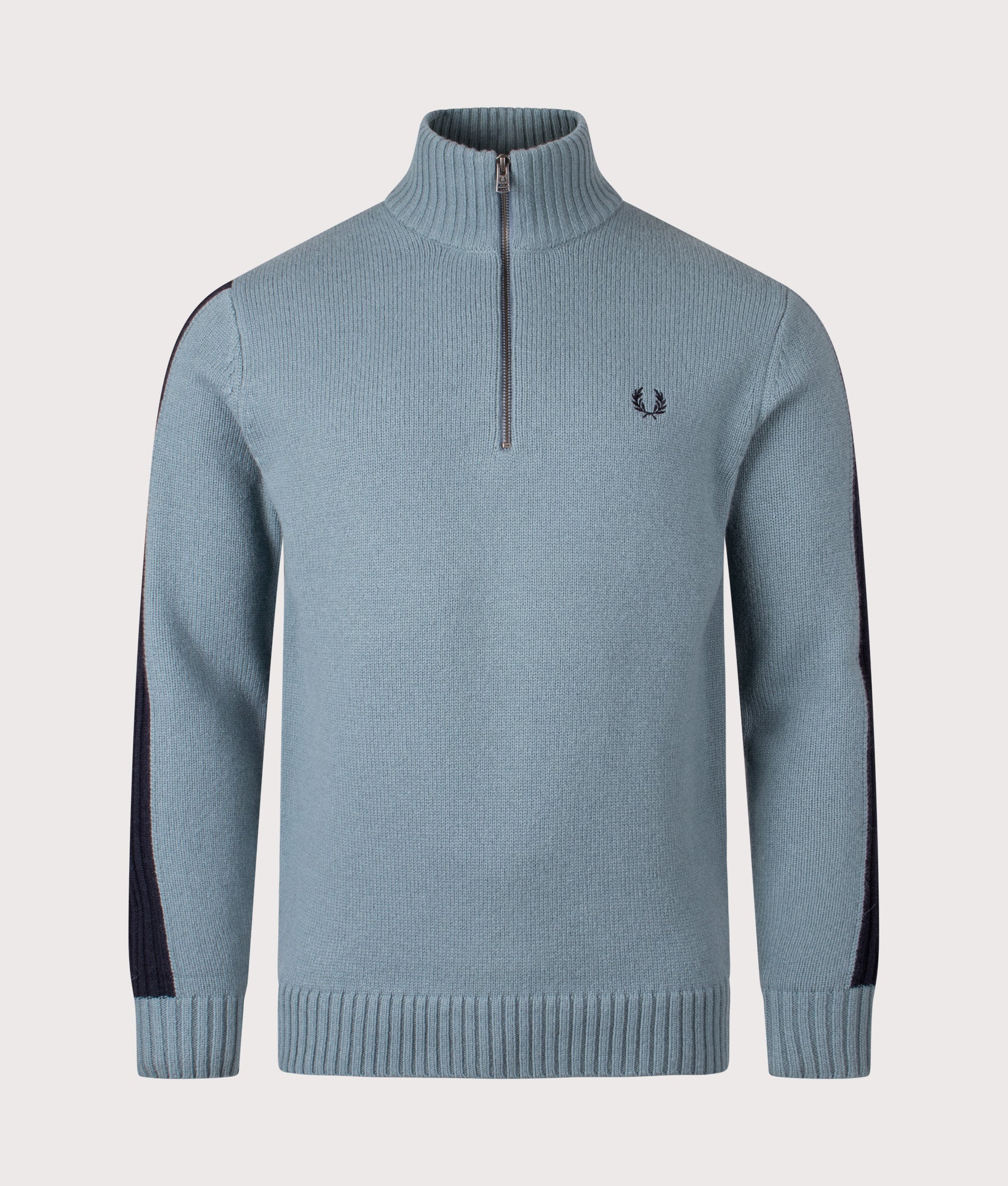 Ribbed Sleeve Quarter Zip Jumper in Stockport Blue | 80% Wool | Fred Perry | EQVVS | Front shot 