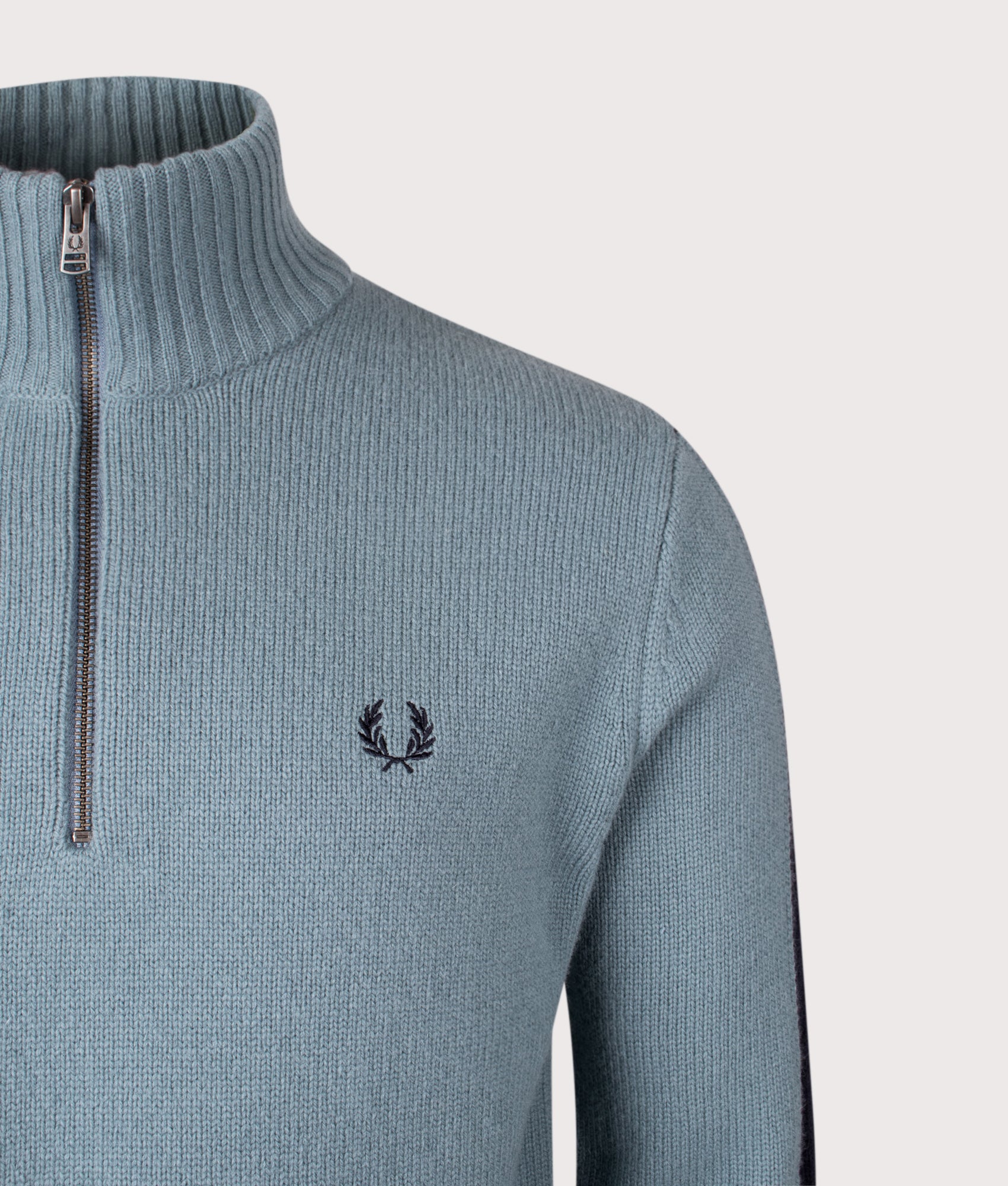 Ribbed Sleeve Quarter Zip Jumper in Stockport Blue | 80% Wool | Fred Perry | EQVVS | Front detail shot 
