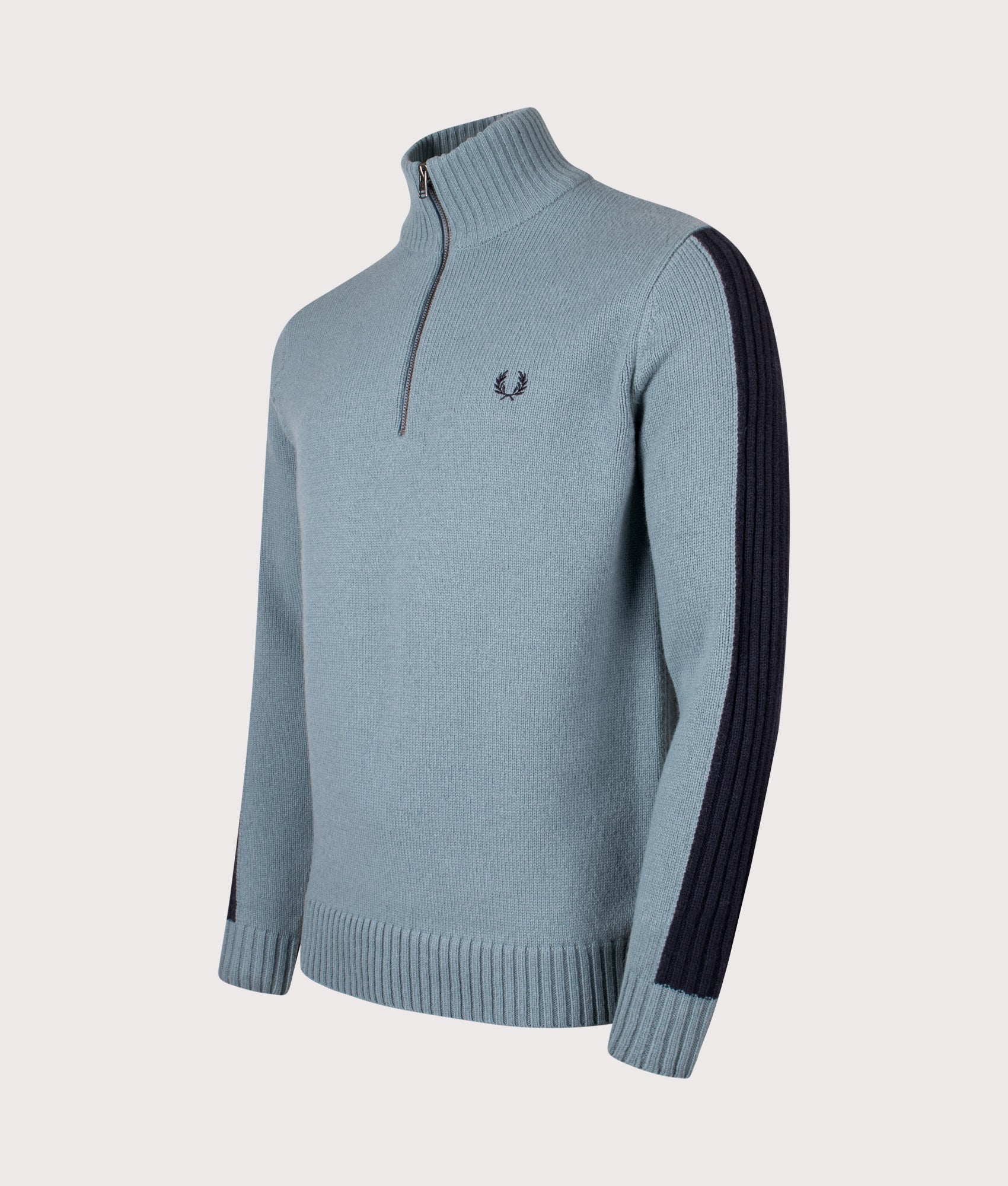 Ribbed Sleeve Quarter Zip Jumper in Stockport Blue | 80% Wool | Fred Perry | EQVVS | Front angle shot 