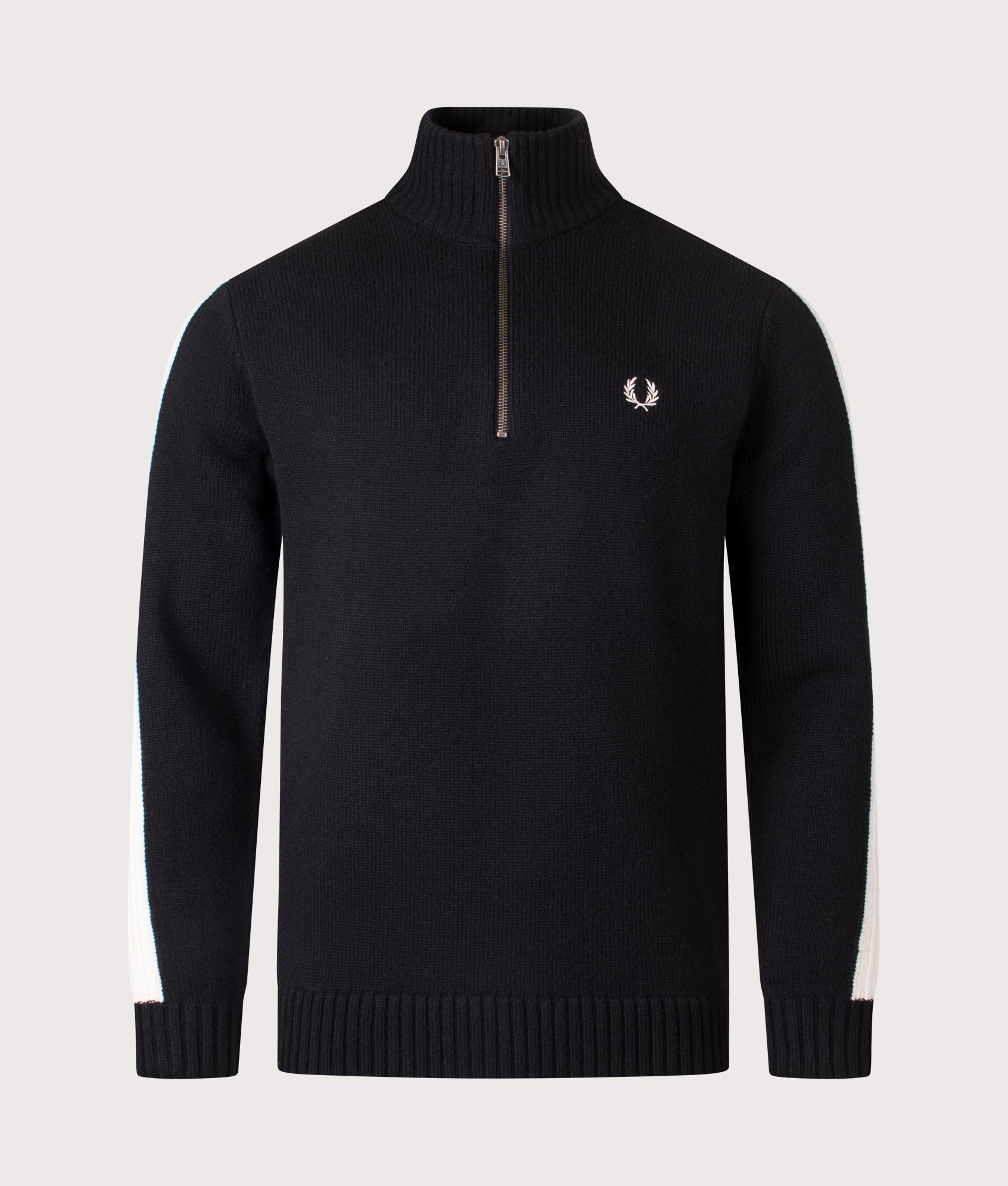 Ribbed Sleeve Quarter Zip Jumper in Black | 80% Wool | Fred Perry | EQVVS | Front shot 