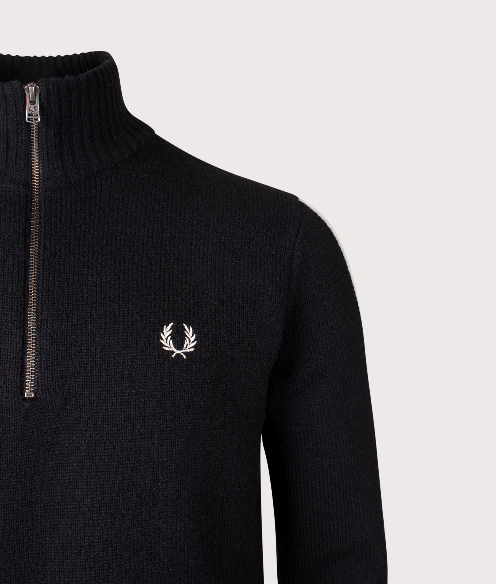 Ribbed Sleeve Quarter Zip Jumper in Black | 80% Wool | Fred Perry | EQVVS | Front detail shot 