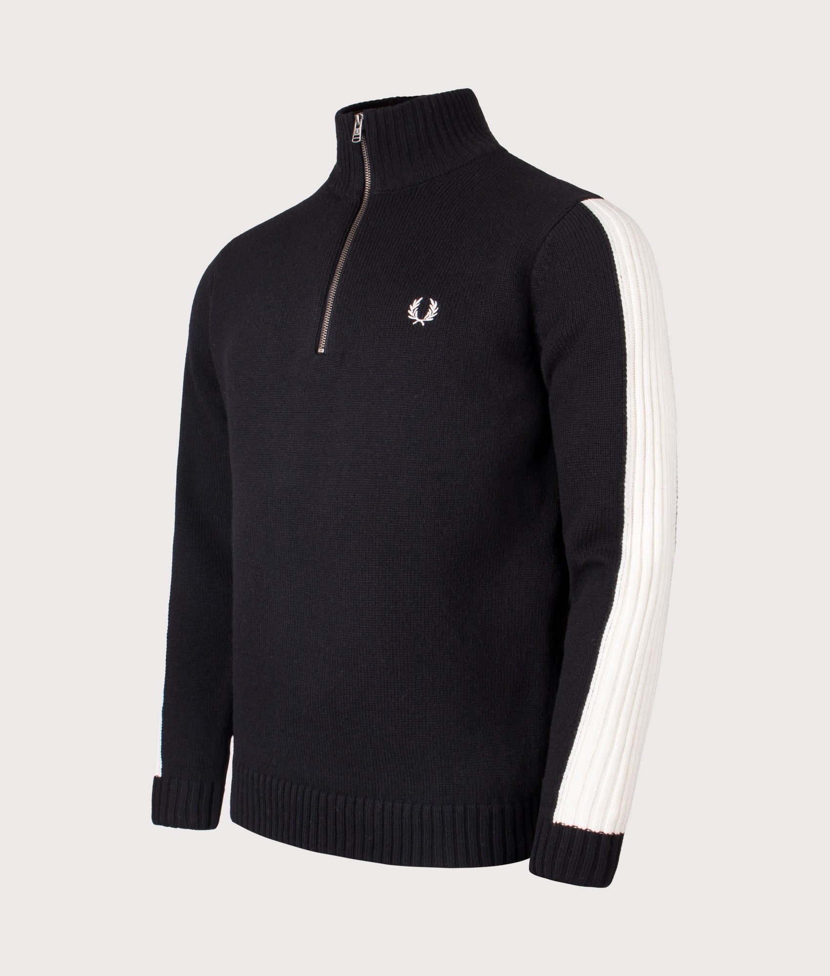Ribbed Sleeve Quarter Zip Jumper in Black | 80% Wool | Fred Perry | EQVVS | Front angle shot 