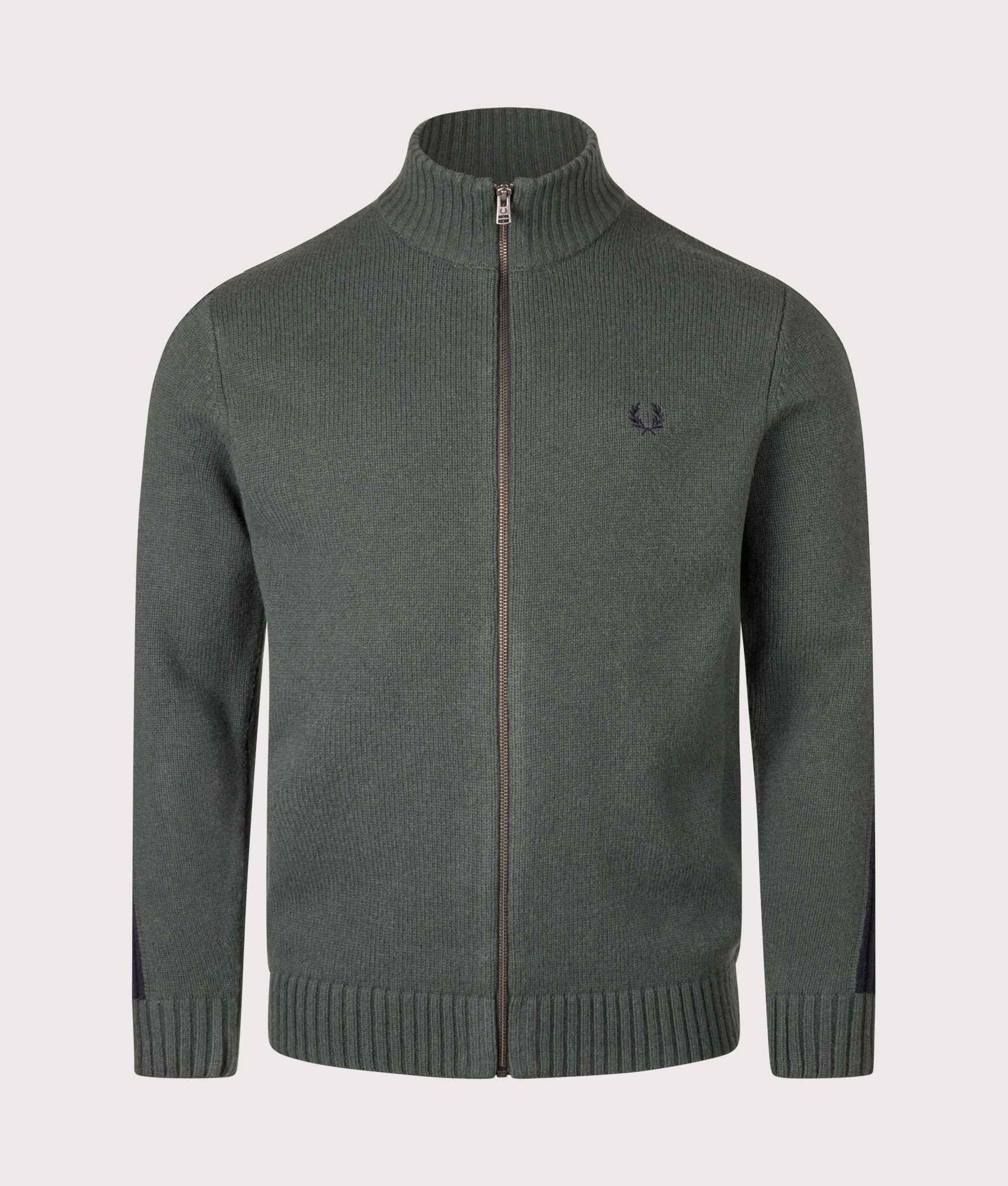 Ribbed Sleeve Zip Through Cardigan in Court Green | Fred Perry | EQVVS | Front shot 