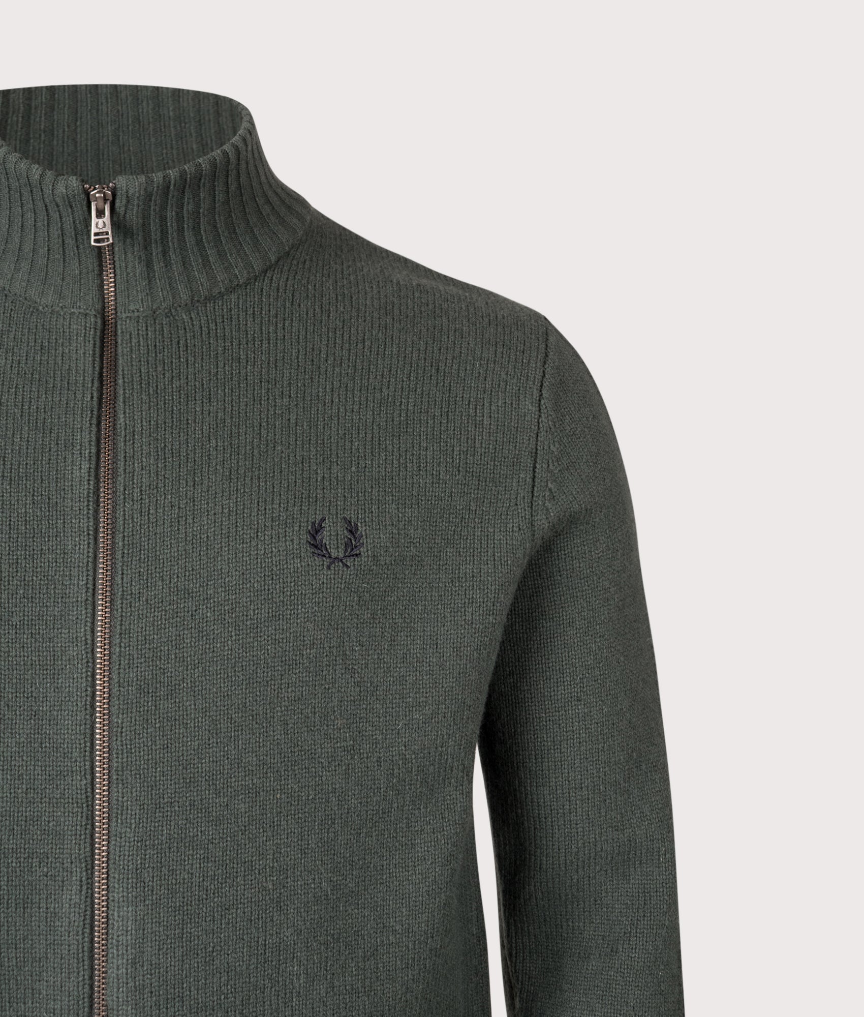 Ribbed Sleeve Zip Through Cardigan in Court Green | Fred Perry | EQVVS | Front detail shot 