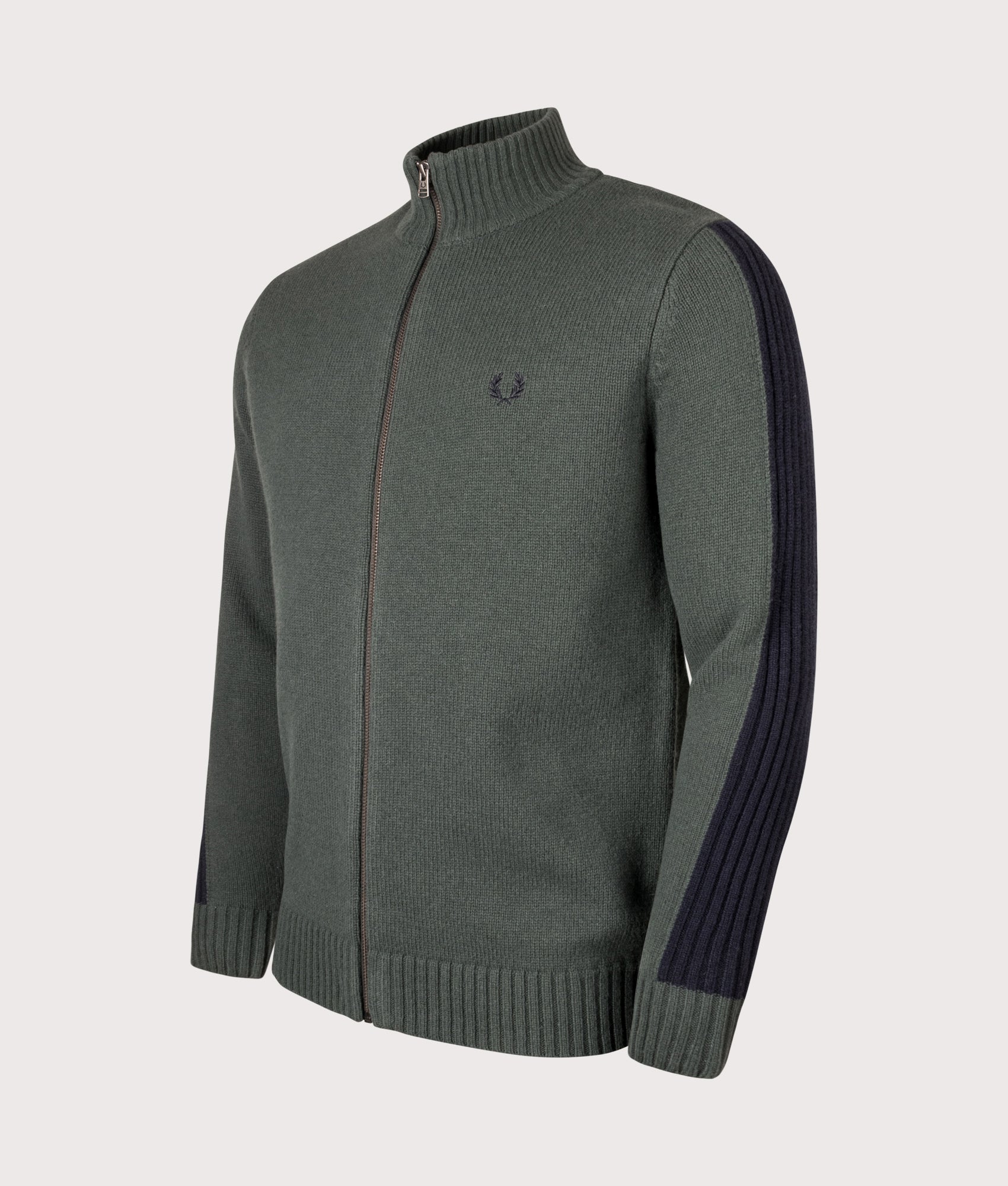 Ribbed Sleeve Zip Through Cardigan in Court Green | Fred Perry | EQVVS | Front angle shot 