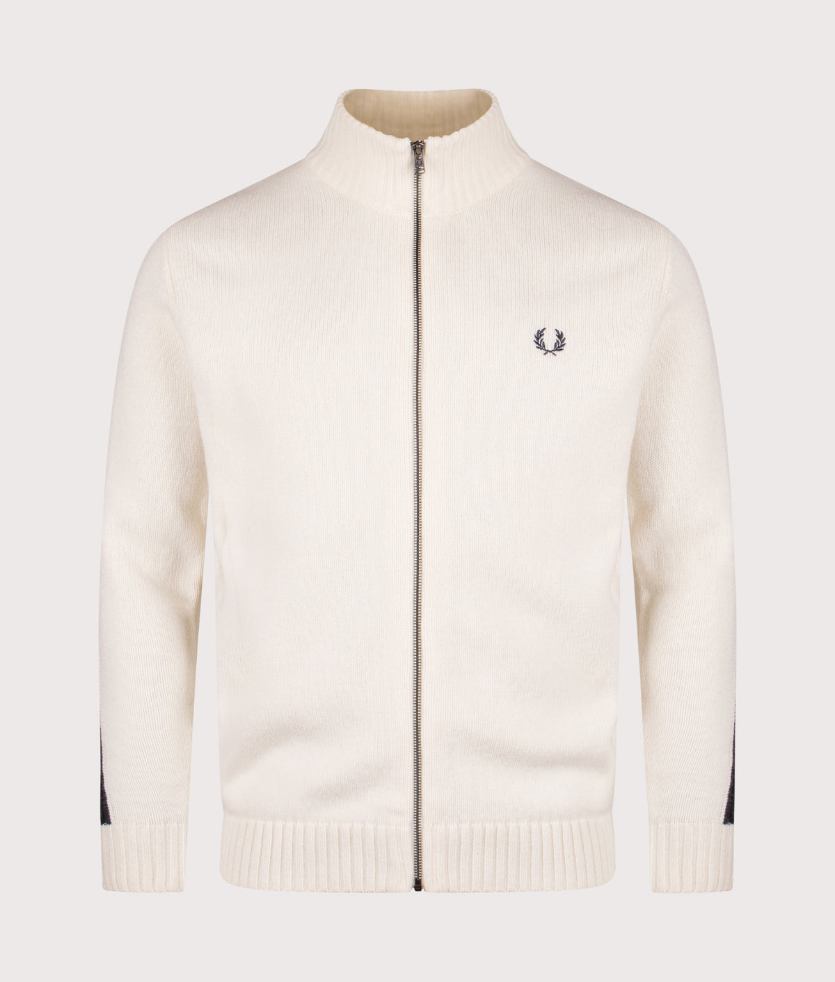 Ribbed Sleeve Zip Through Cardigan by Fred Perry in Ecru. Shot by EQVVS Front Shot.