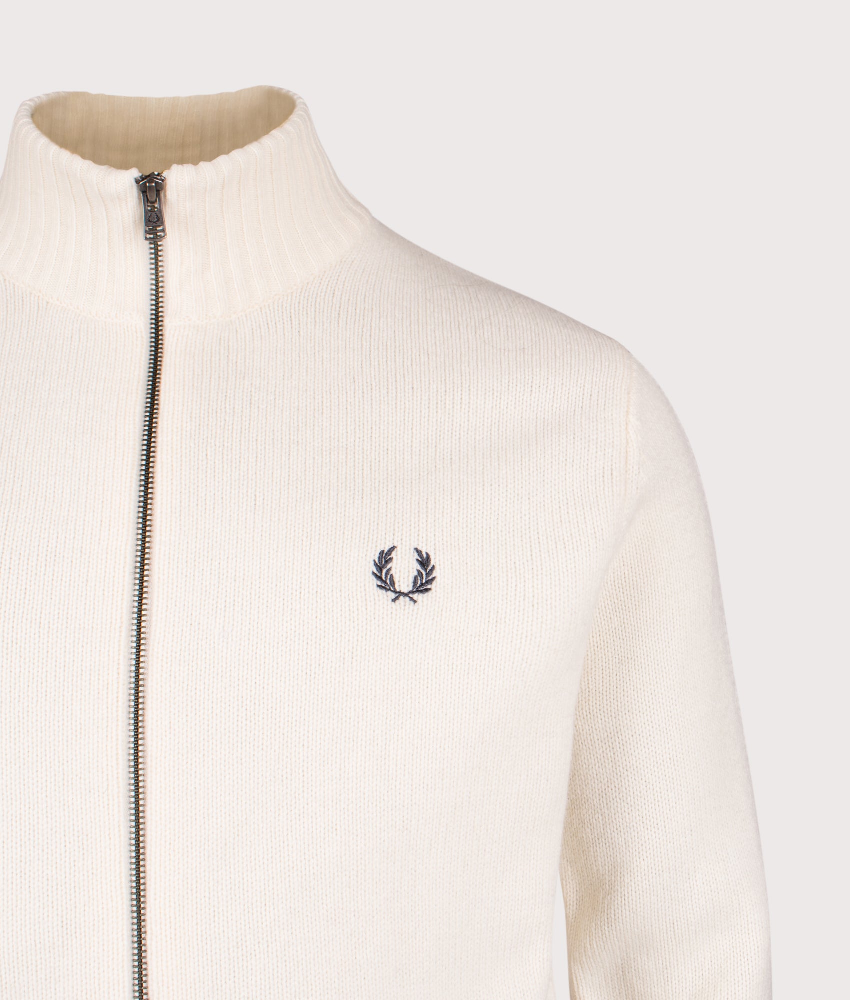 Ribbed Sleeve Zip Through Cardigan by Fred Perry in Ecru. Shot by EQVVS Front detail Shot.